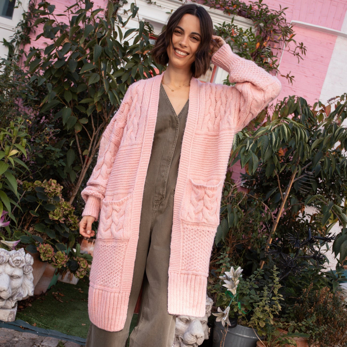 Alex Balloon Sleeve Chunky Oversized Cable Maxi Cardigan - Pink