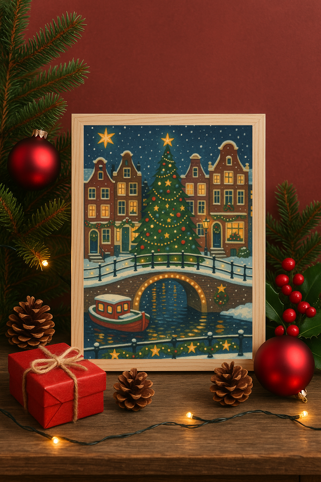 Amsterdam Christmas Canal Wall Art – Holiday Tree & Bridge Print