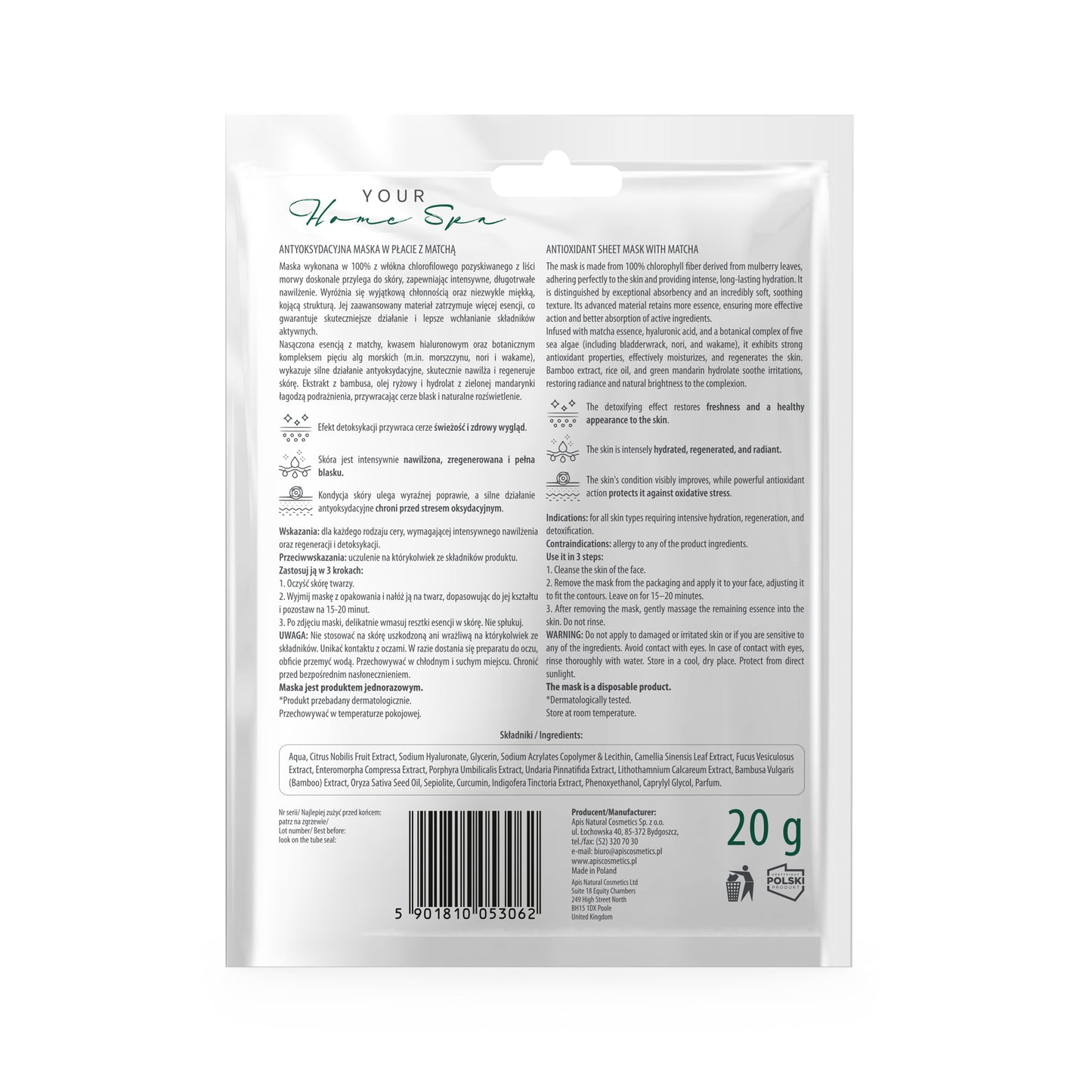 Apis Antioxidant Sheet Mask with Matcha - Revitalising Care | 20g