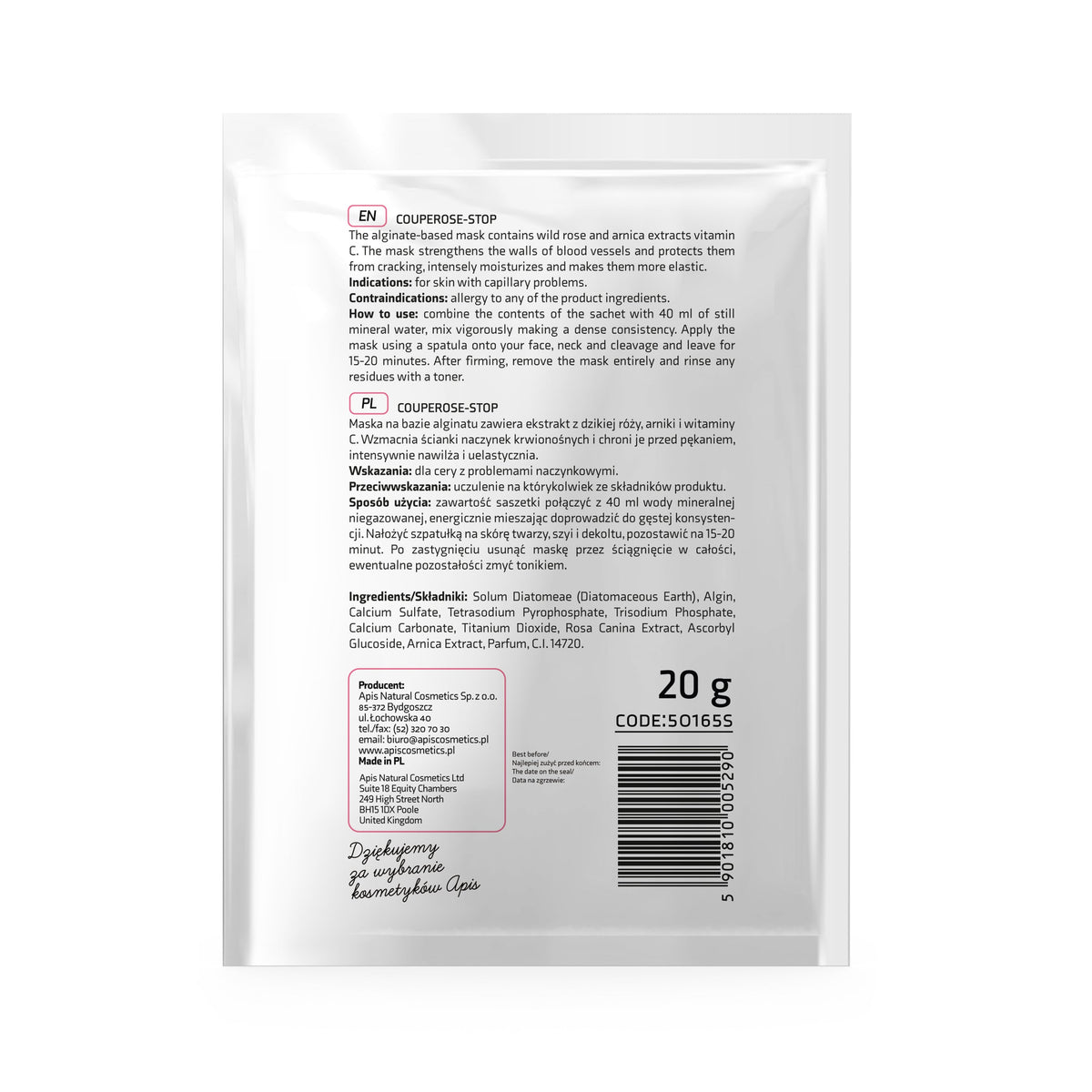 Apis Couperose‑Stop Algae Mask with Wild Rose & Vitamin C | 20 g