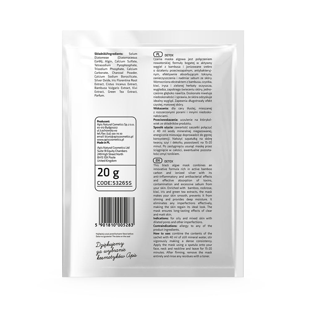 Apis Detox Algae Mask | Bamboo Charcoal & Ionised Silver | 20 g