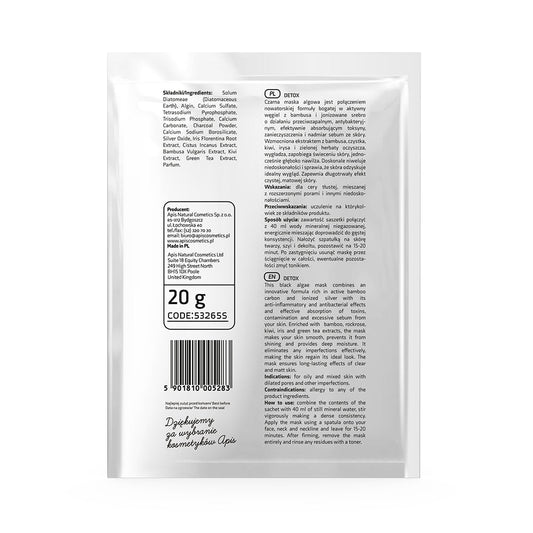 Apis Detox Algae Mask | Bamboo Charcoal & Ionised Silver | 20 g