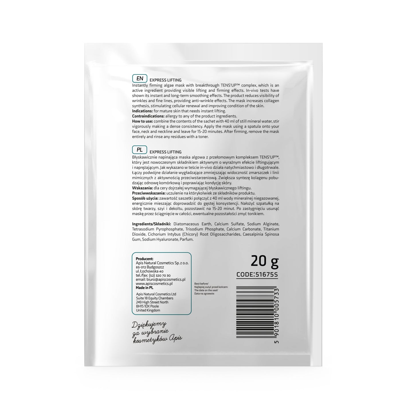 Apis Express Lifting Intensively Firming Algae Mask with Tens’Up Complex | 20g