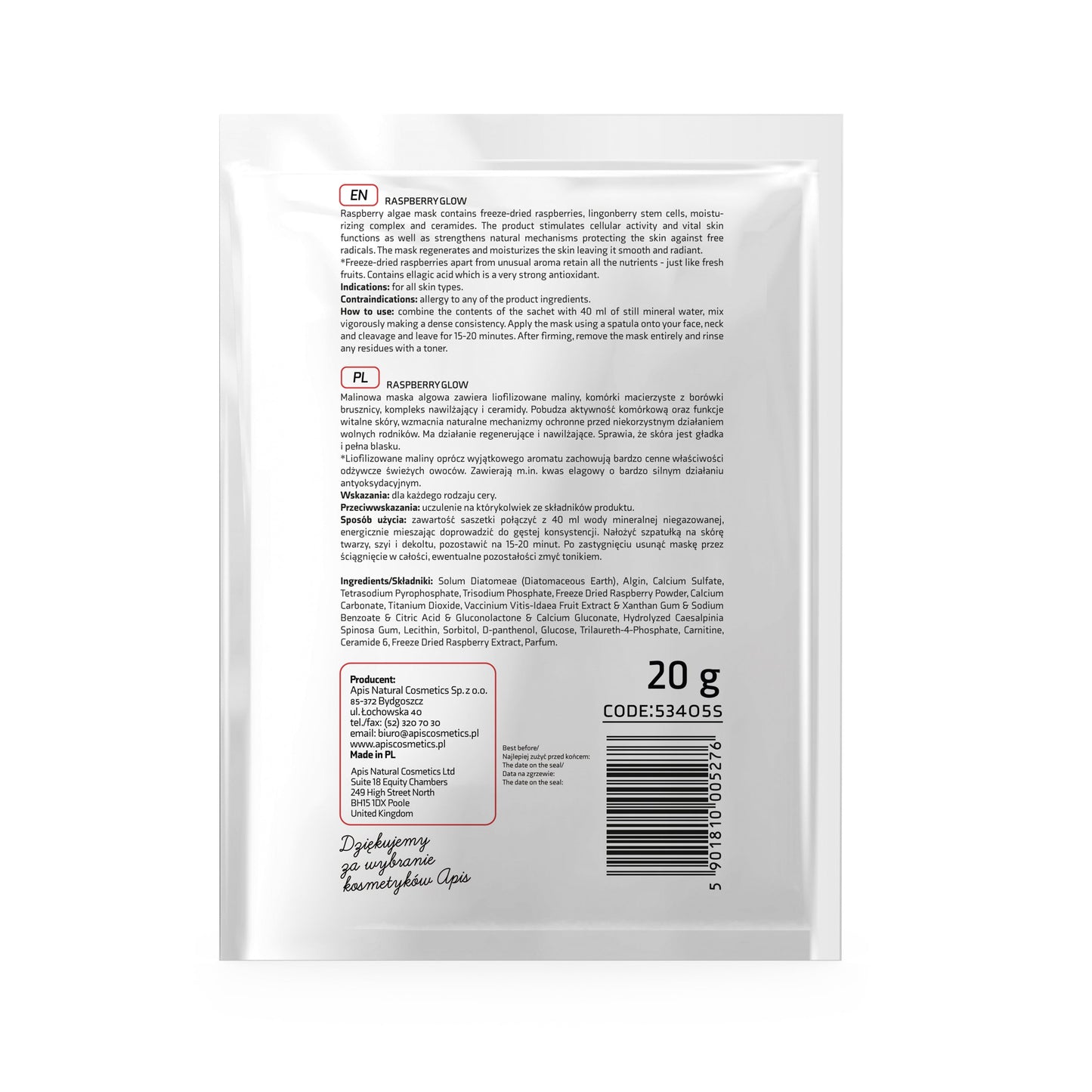 Apis Raspberry Glow Algae Mask with Freeze‑Dried Raspberries | 20 g