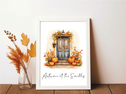 Personalised Autumn At The "Surname" Or “House Number” Watercolour Pumpkins Front Door Seasonal Wall Home Decor Print