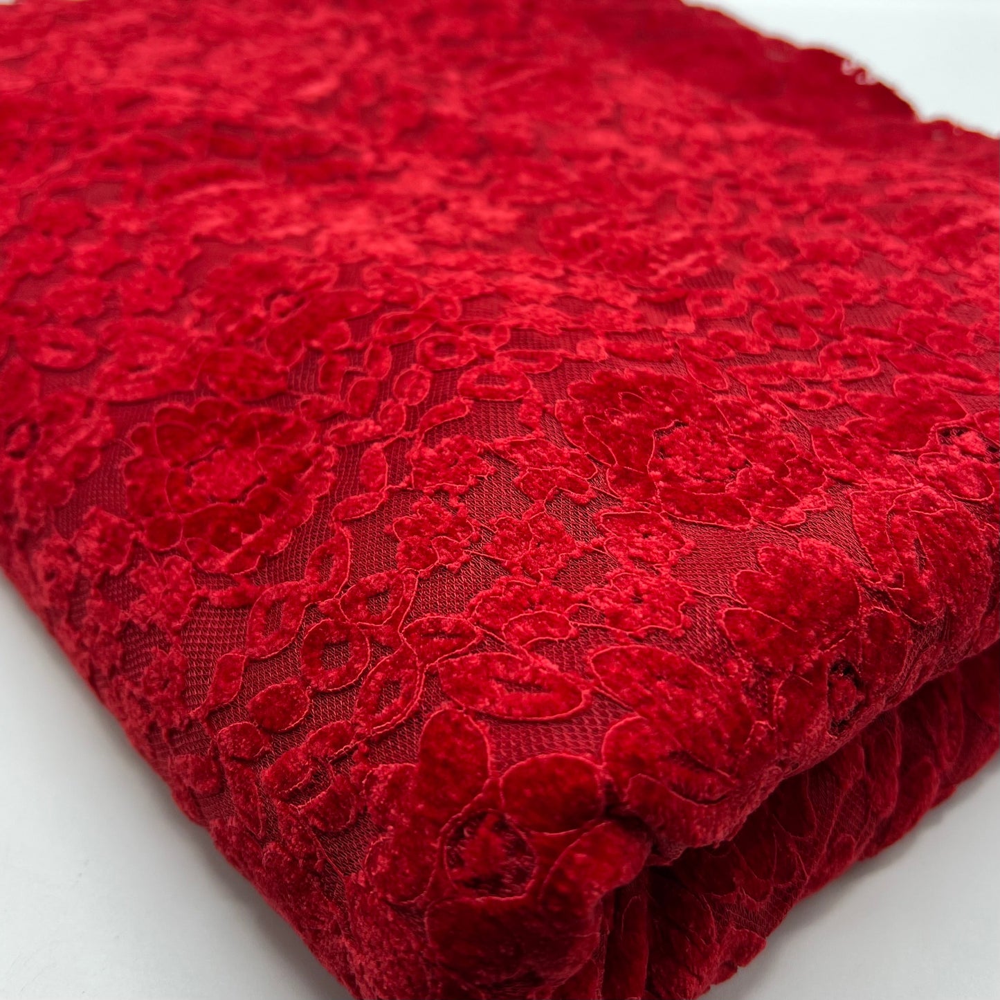 Red Embossed Textured Scalloped Edge Floral Lace Fabric Stretch