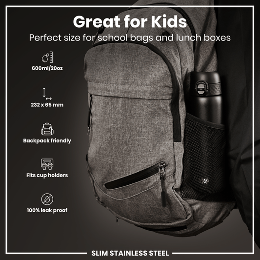 Leak Proof Slim Water Bottle, Stainless Steel, Black, 600ml (20oz)