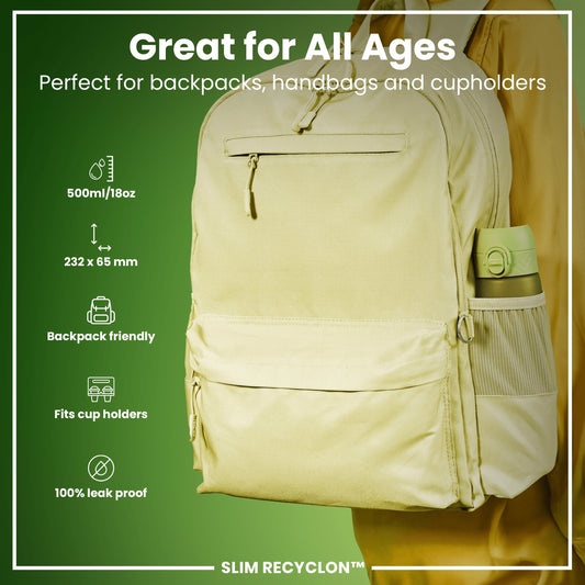 Leak Proof Slim Water Bottle, Recyclon, Green, 500ml (18oz)