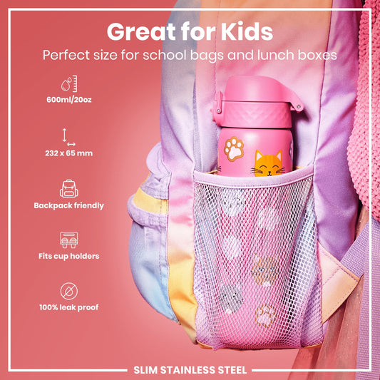 Leak Proof Slim Water Bottle, Stainless Steel, Cats, 600ml (20oz)