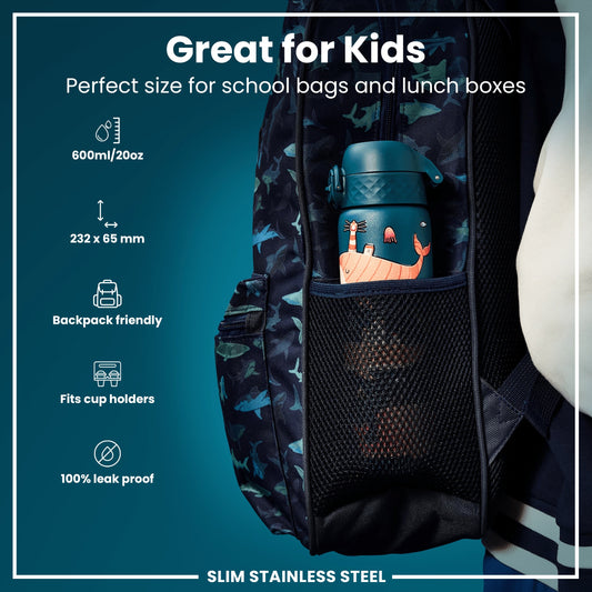 Leak Proof Slim Water Bottle, Stainless Steel, Whales, 600ml (20oz)