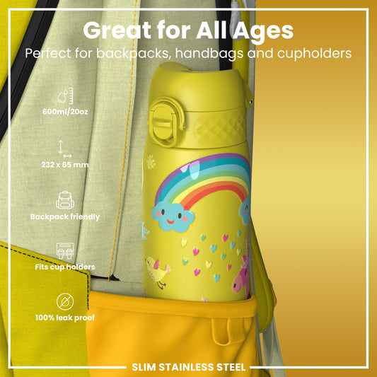Leak Proof Slim Water Bottle, Stainless Steel, Yellow Unicorns, 600ml (20oz)