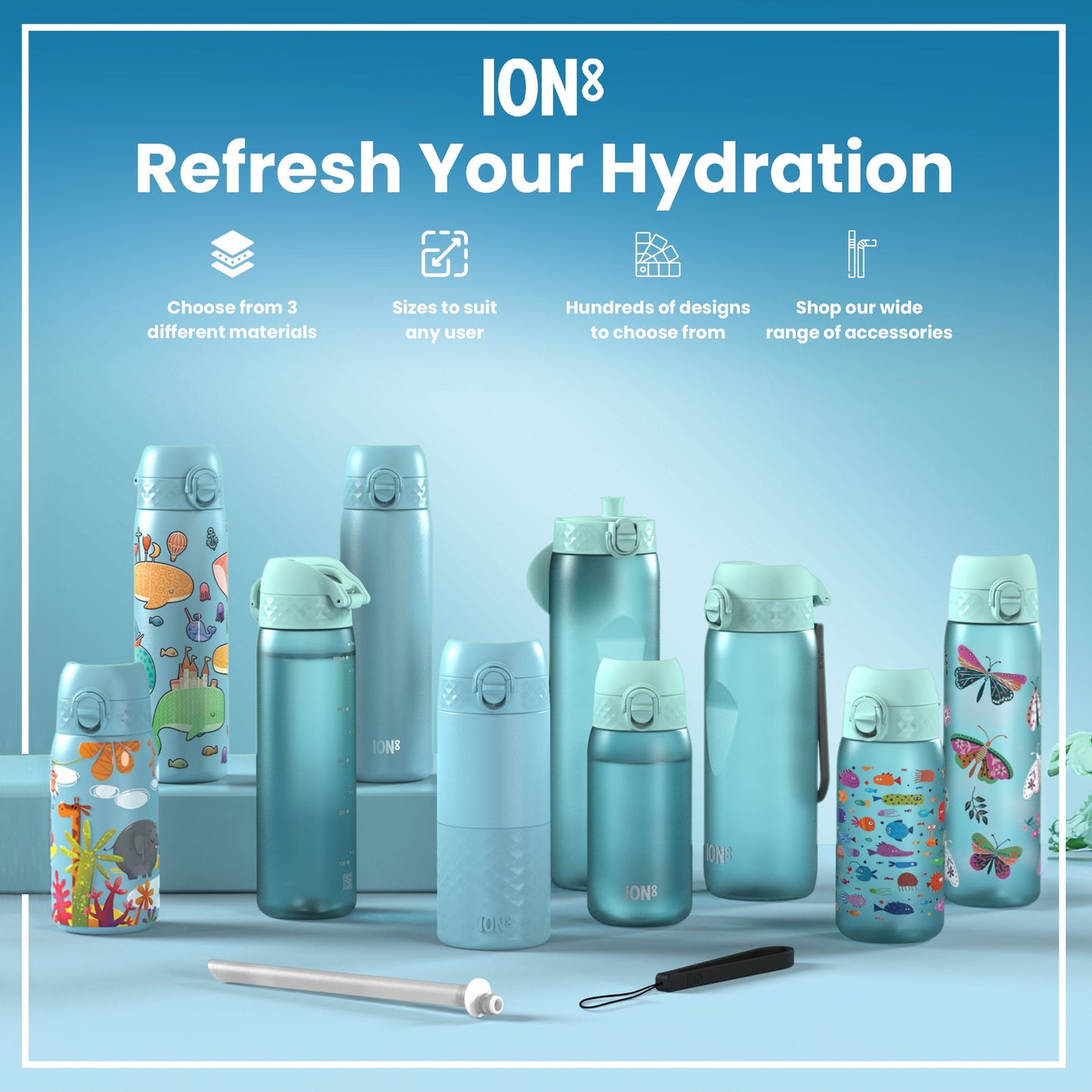 Leak Proof Kids Water Bottle, Stainless Steel, Blue Unicorns, 400ml (13oz)