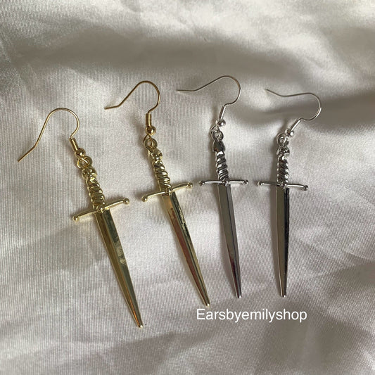 Silver or gold sword dangle earrings