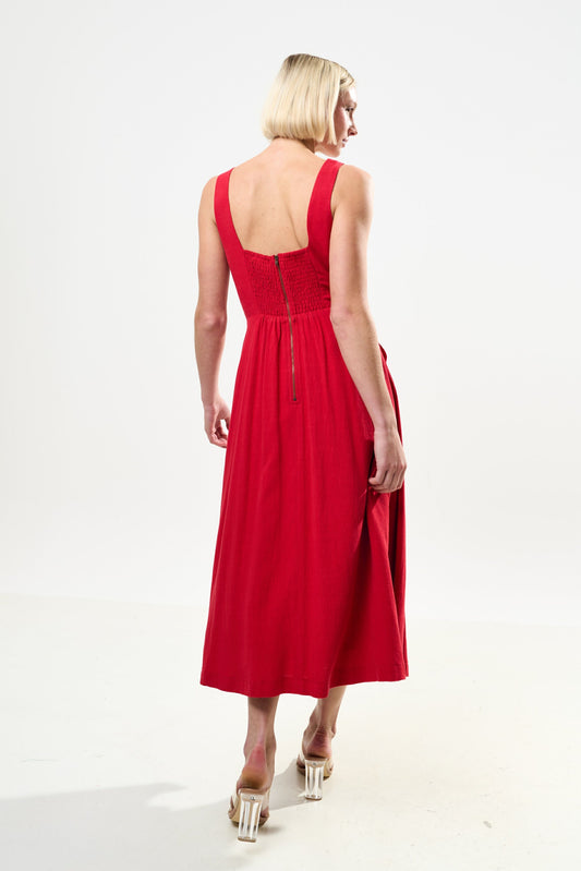 Baya Linen Mix Square Neck Midi Dress - Red