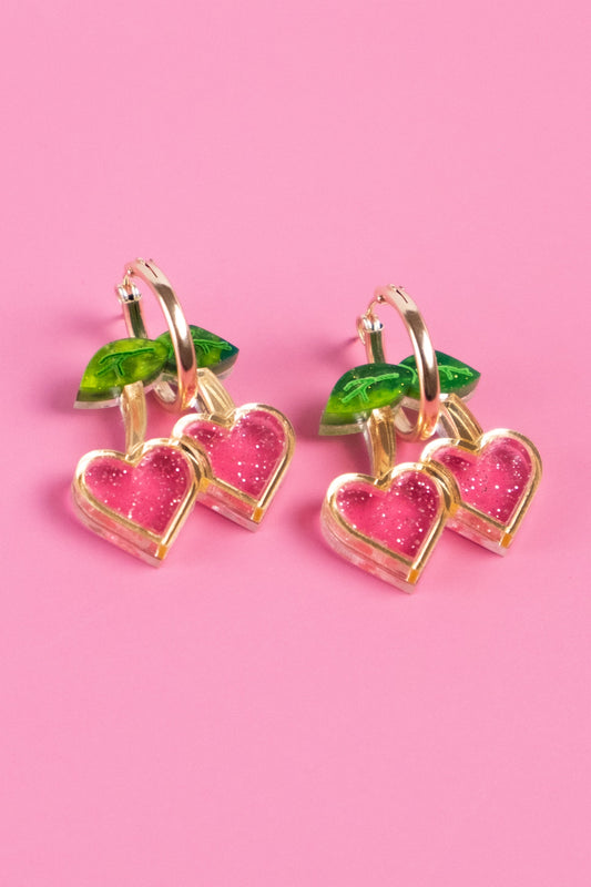 Pink Cherry Heart Hoop Earrings