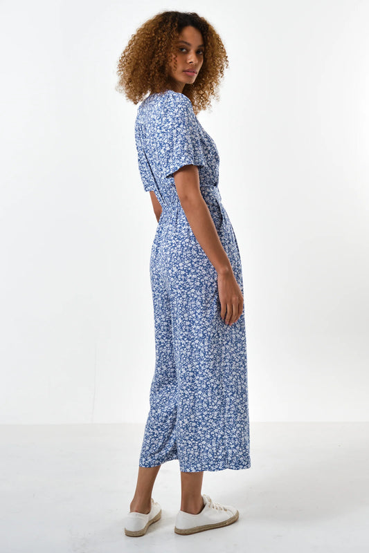 Belen Micro Blossom Print Short Sleeve Jumpsuit In Blue