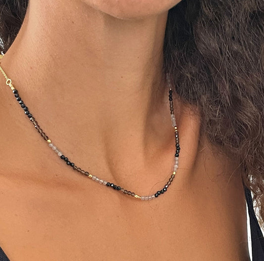 Milos Mixed Gemstone Beaded Necklace Black Onyx, Smoky Quartz & Labradorite