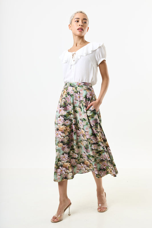 Brisa 3D Daisy Print Midi Skirt - Green