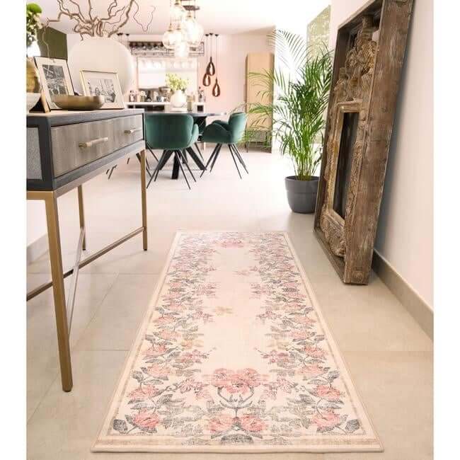 Eco-Washable Cream Rug Flower Design