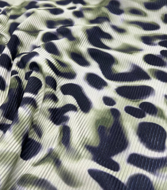 Green Animal Print Plisse Pleated Stretch Fabric