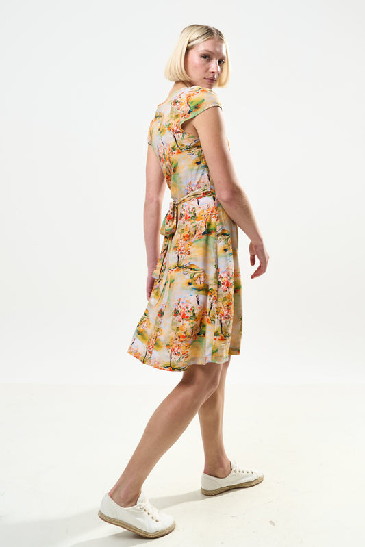 Cathleen Mini Oriental Landscape Print Tea Dress - Yellow