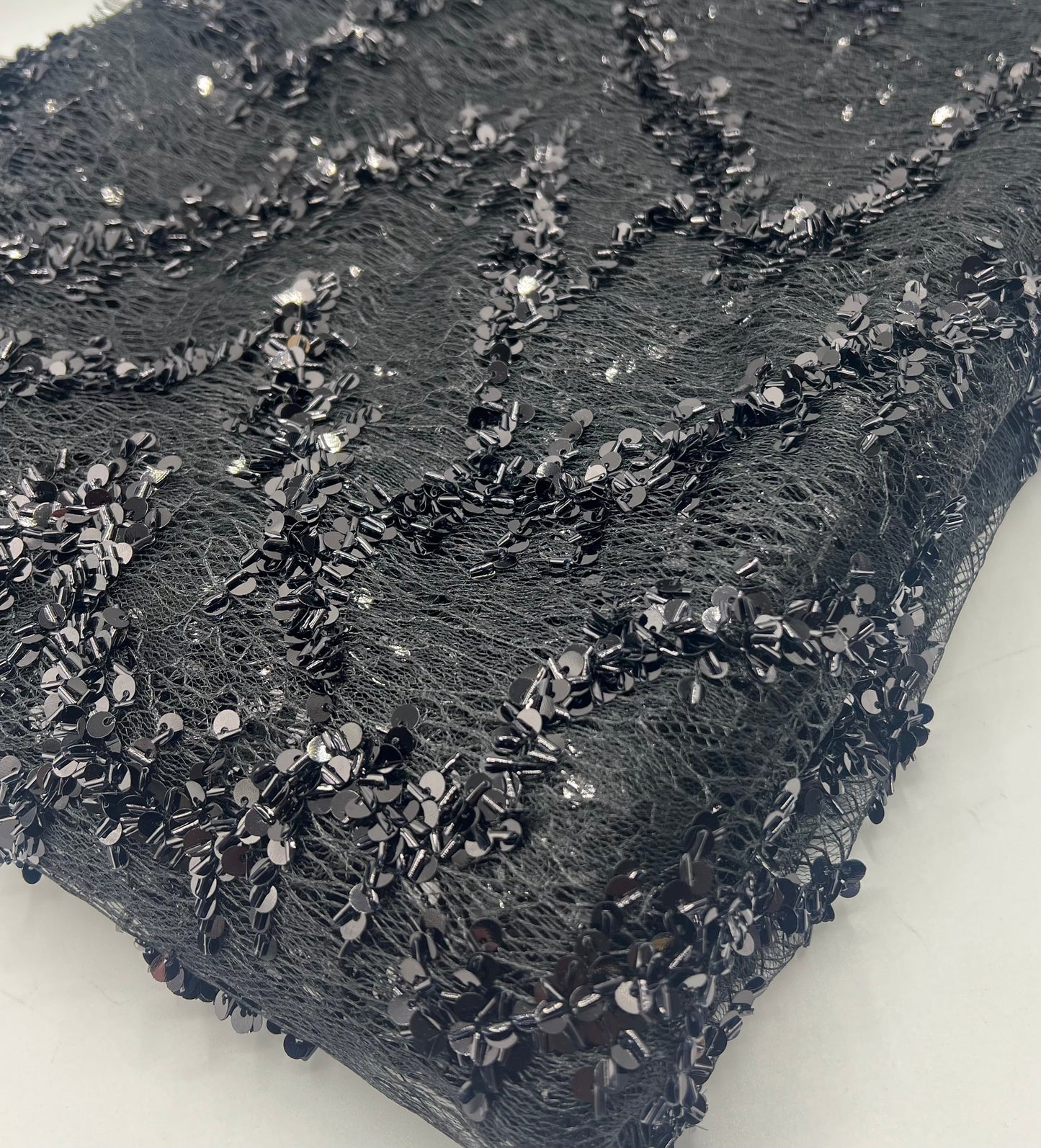 Black Sequin Detail Tulle Net Mesh Fabric Stretch