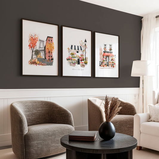 Travel Art Prints "Autumn in New York" NYC Watercolour Manhattan | Set of 3