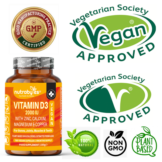Vegan Vitamin D3 2000 IU with Calcium, Magnesium, Zinc & Copper | 180 capsules, 3 months supply | Made in the UK