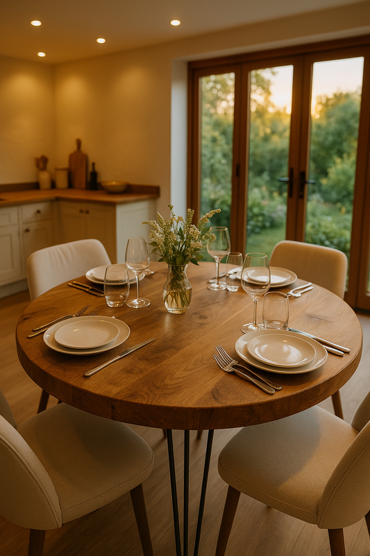 Solid Oak Round Dining Table With Hairpin Legs