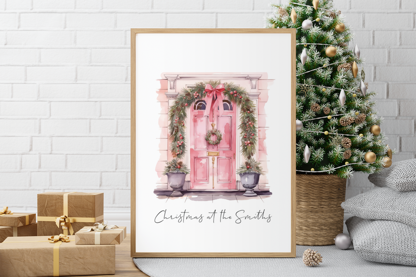 Personalised Christmas At Surname Pink Front Door Winter Christmas Seasonal Wall Home Decor Print
