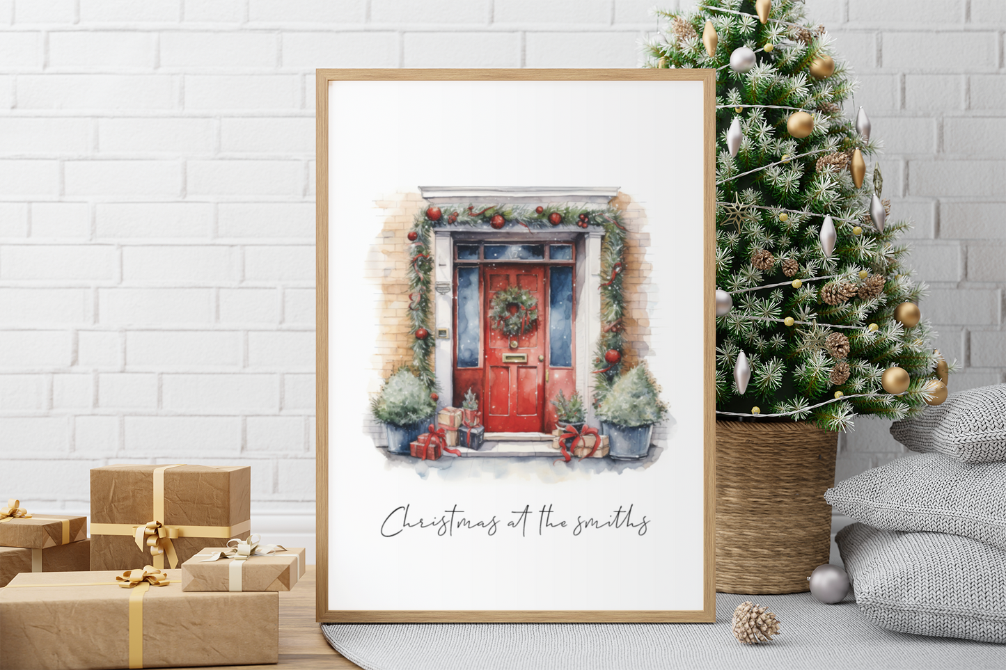 Personalised Christmas At Surname Red Front Door Winter Christmas Seasonal Wall Home Decor Print