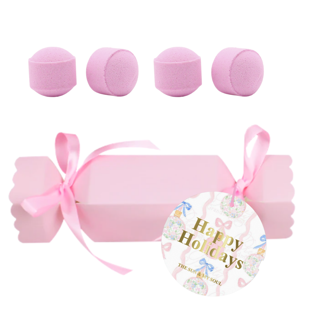 Happy Holidays Pink Christmas Cracker Bath Bomb Gift – Floral Scent (Set of 4)