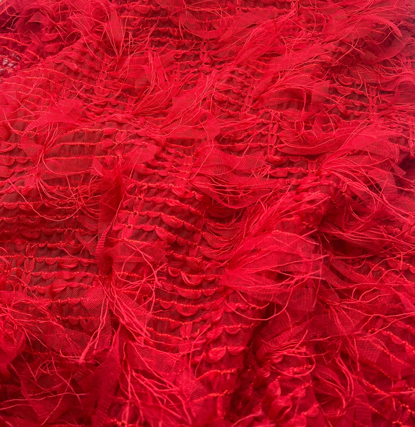 Red Textured Mesh Tassel Fabric 2 Way Stretch