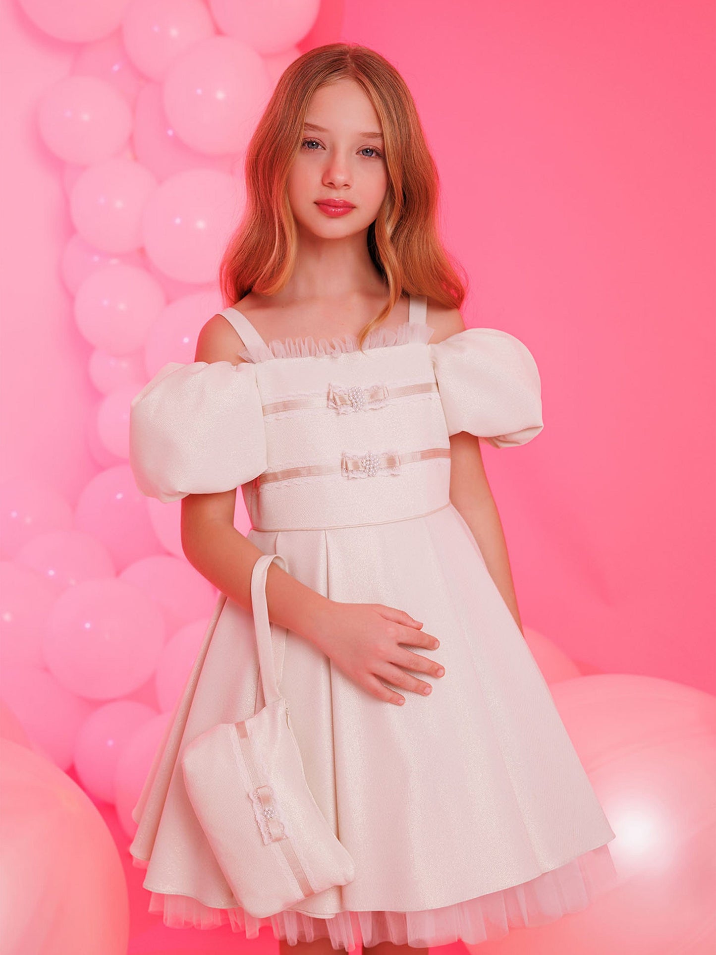 Dress & Fleur Girls Puff Sleeve Dress with Bag in Beige