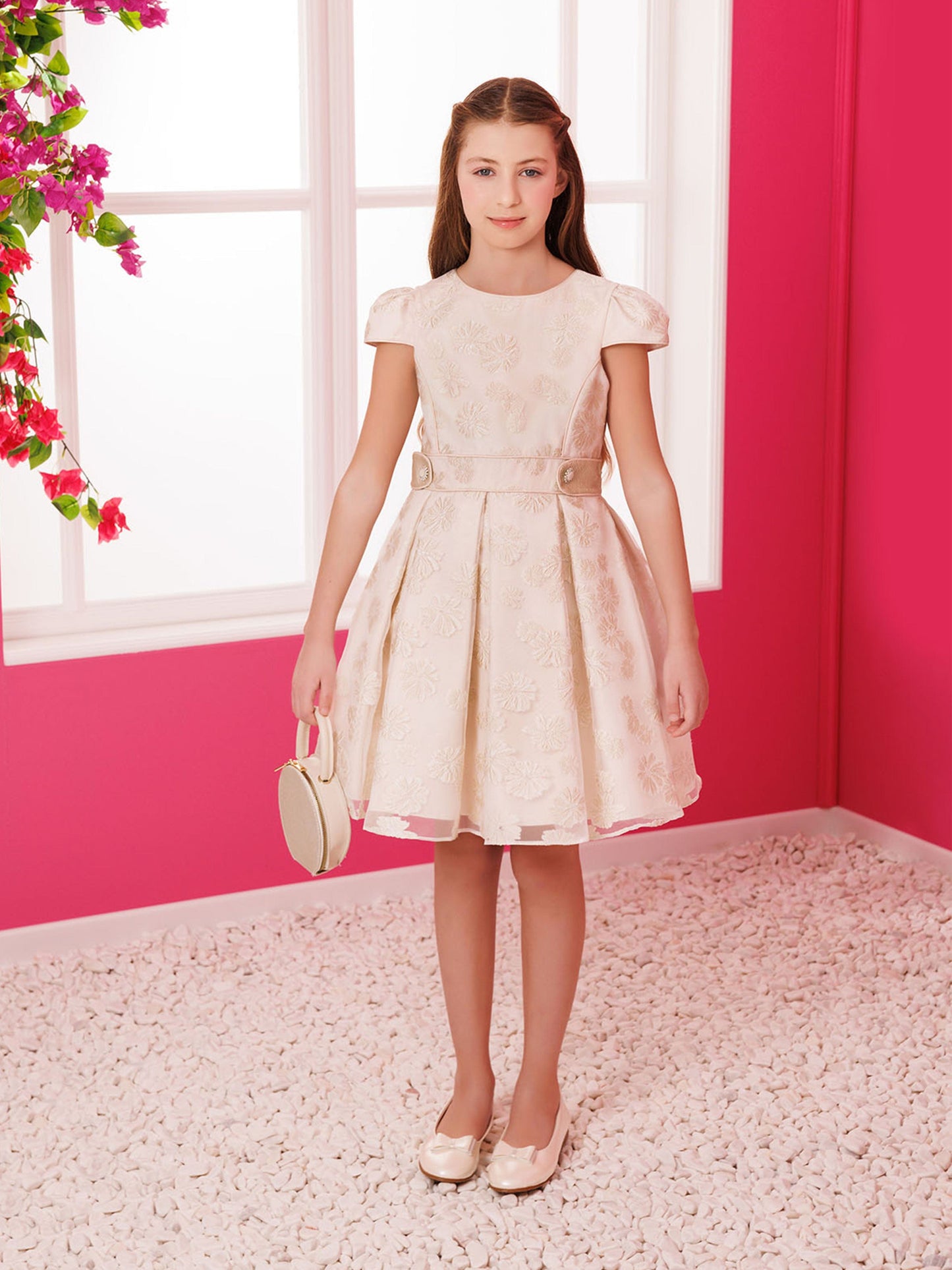 Dress & Fleur Girls Stylish Dress with Matching Bag in Beige
