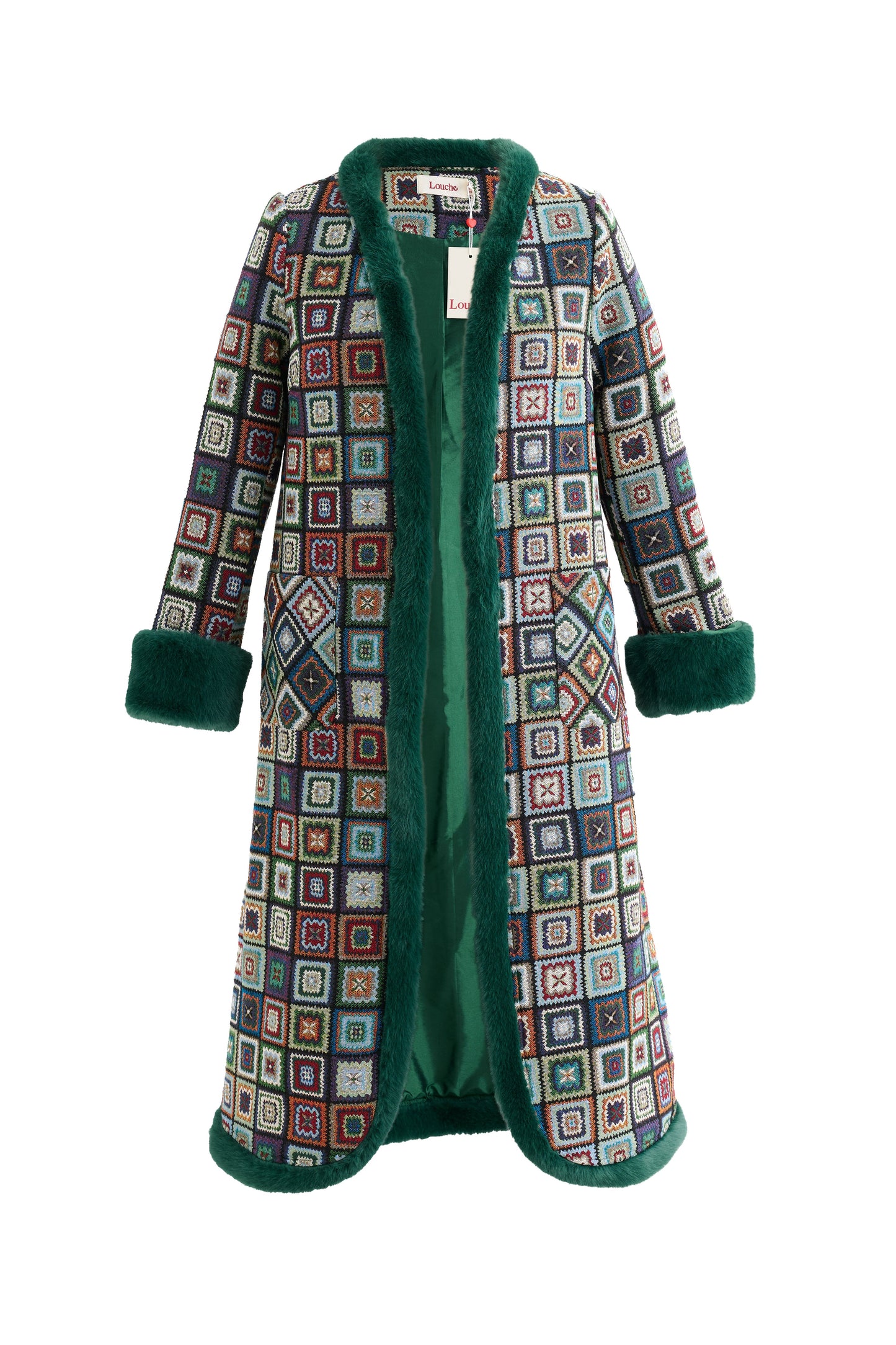 Delphia 70'S Patch Jacquard Fur Trim Coat – Multicoloured