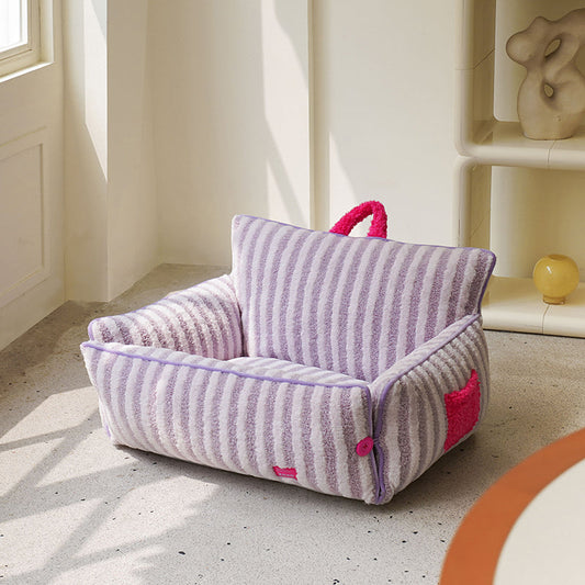 zeze Striped Plush Pet Sofa Bed — Bolstered Arms, Carry Handle & Zip Cover