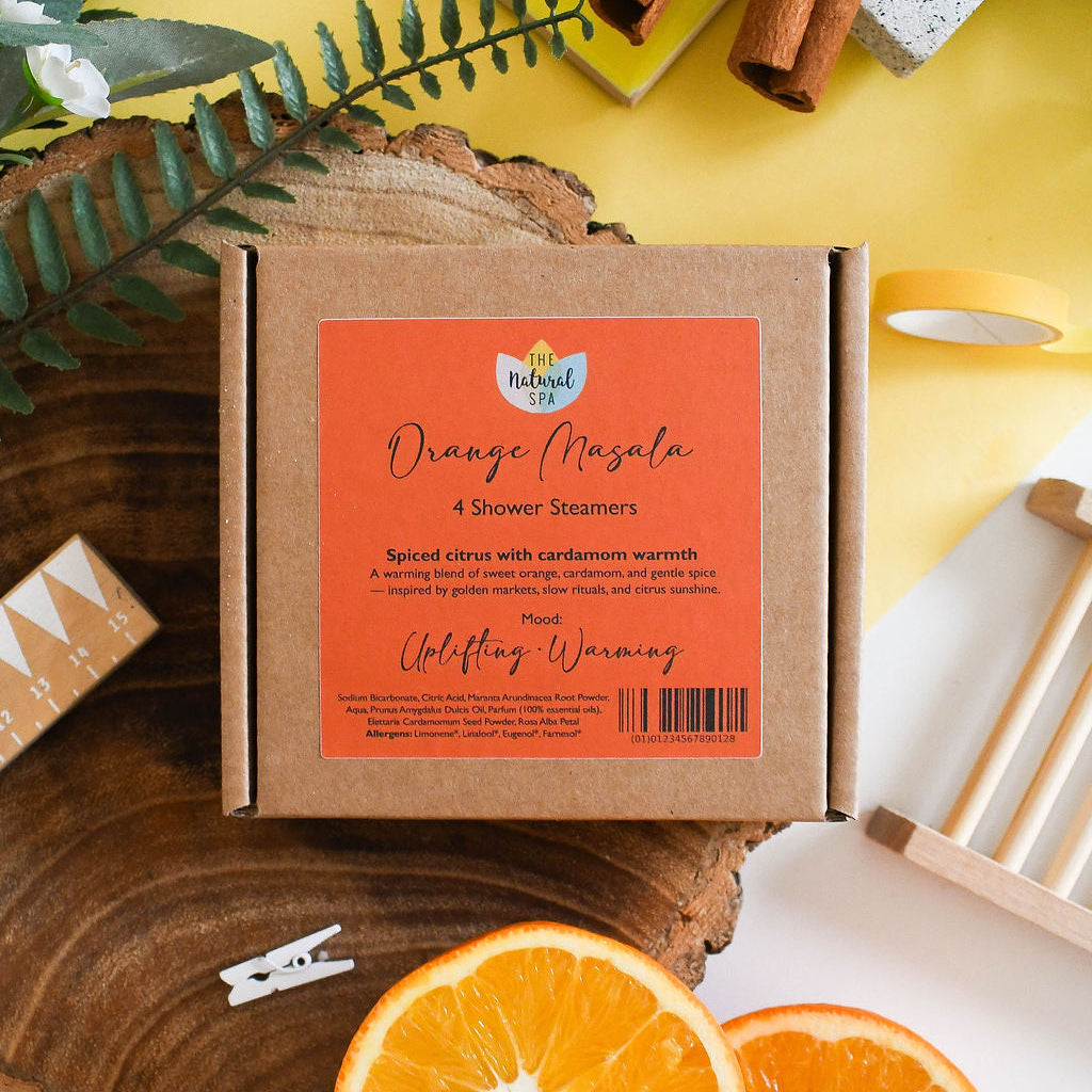 Orange Masala Aromatherapy Shower Steamers – Spiced Citrus & Cardamom – Set of 4