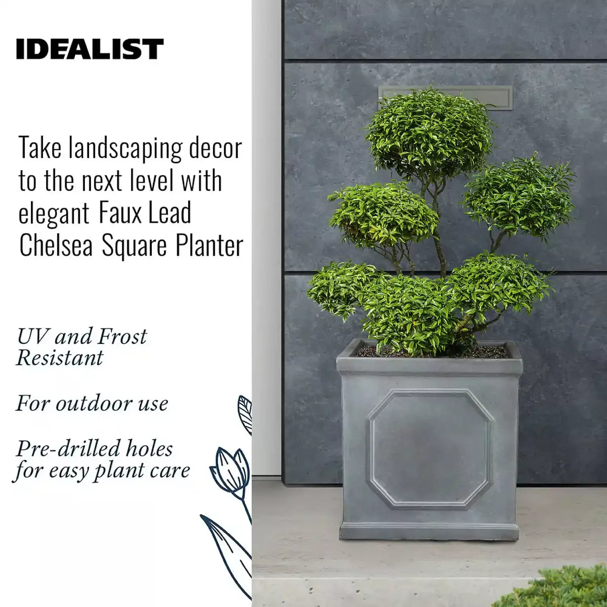IDEALIST Lite Chelsea Flower Box Square Garden Planter, Faux Lead Grey Light Stone Outdoor Large Plant Pot W45 H45 L45 cm, 91L