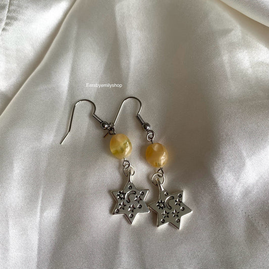 Cool silver star with yellow or blue bead statement dangle hypoallergenic earrings