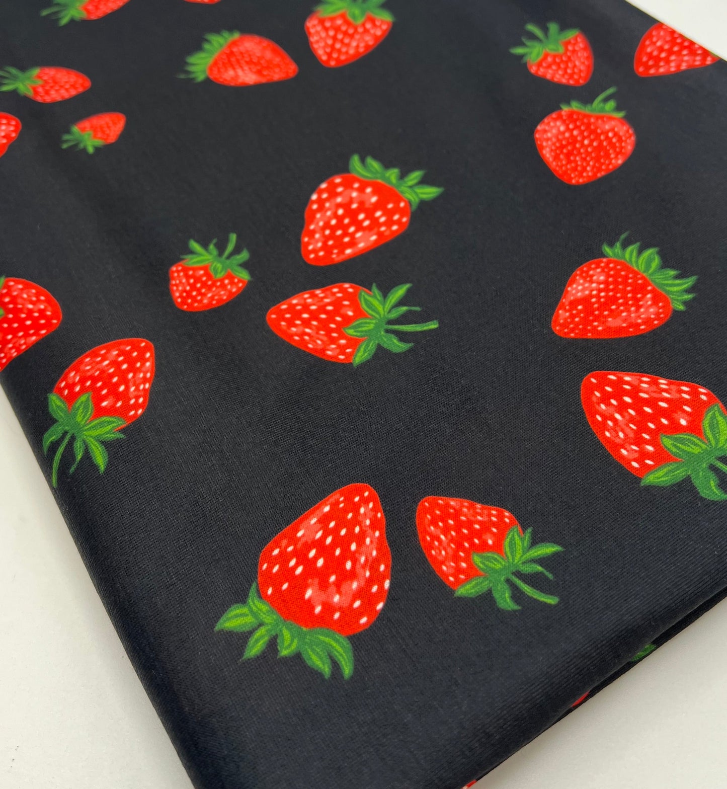 Black Strawberry Print Spun Poly Stretch Fabric