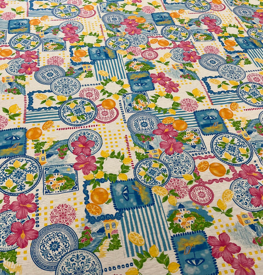 Mediterranean Amalfi Coast Print Spun Poly Stretch Fabric