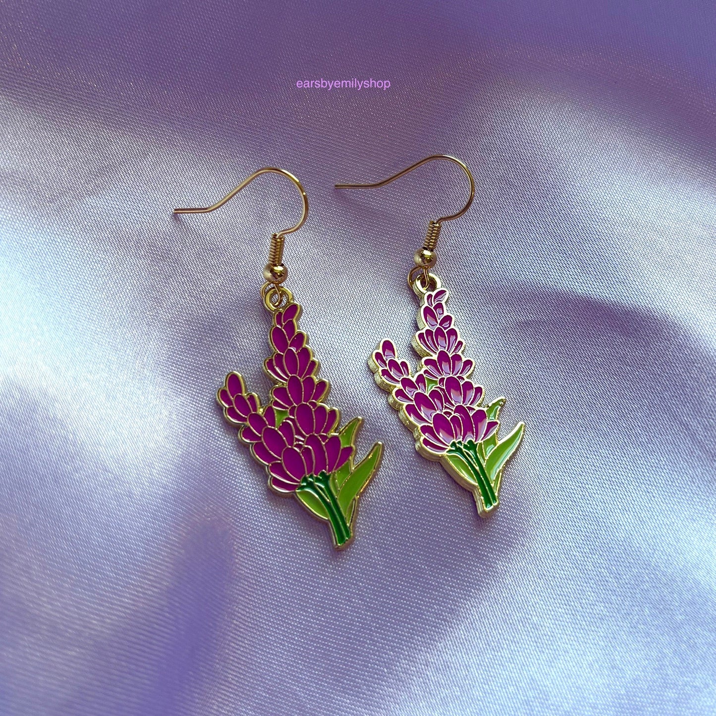 Purple larkspur flower dangle earrings on 18k gold plated hooks