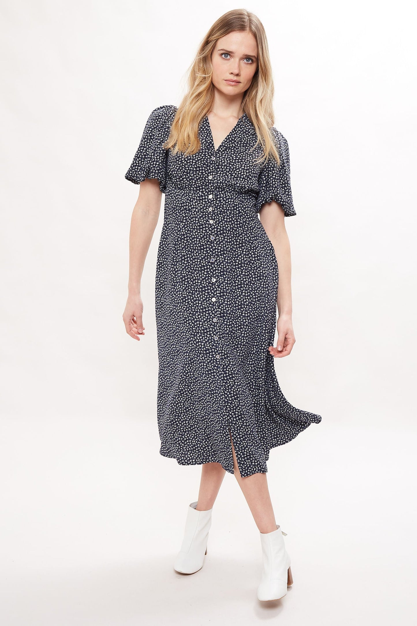 Louche Echo Mono Fleur Print Balloon Sleeve Midi Dress