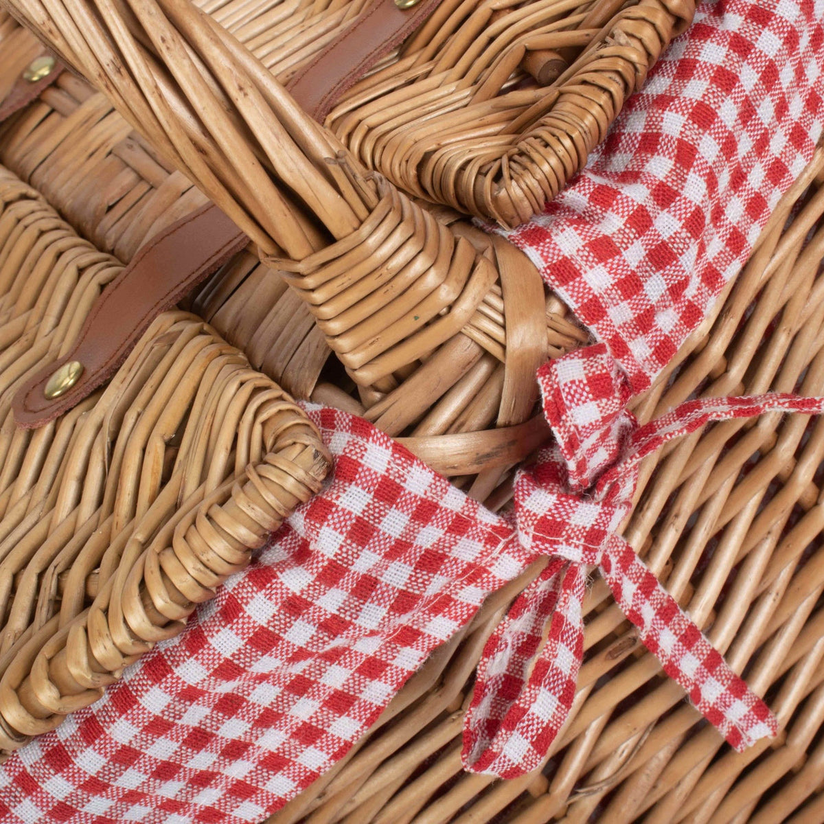 Light Steamed Willow Oval Lidded Picnic Hamper Basket with Red & White Checked Lining