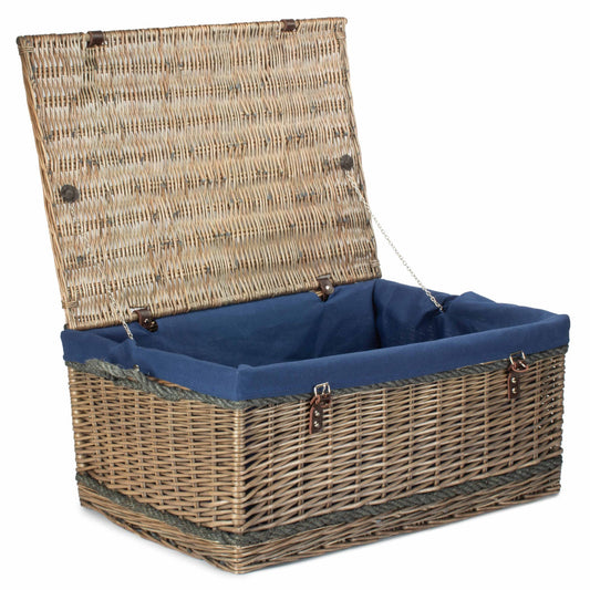 28 Inch Antique Wash Willow Rope Handled Hamper Trunk with Navy Blue Lining