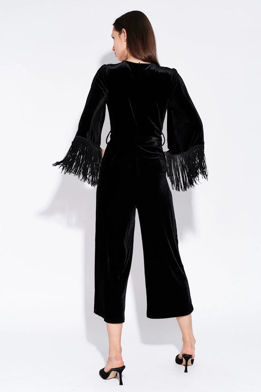 Elvis Fringe Sleeve Velvet Jumpsuit in Black