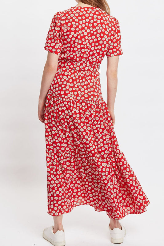 Louche Emin Daisy Dancer Print Short Sleeve Tie Midi Dress - Red