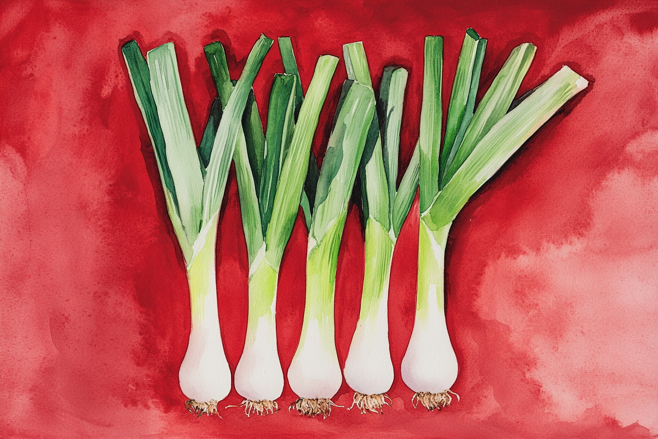Elegant Leeks on Red Canvas