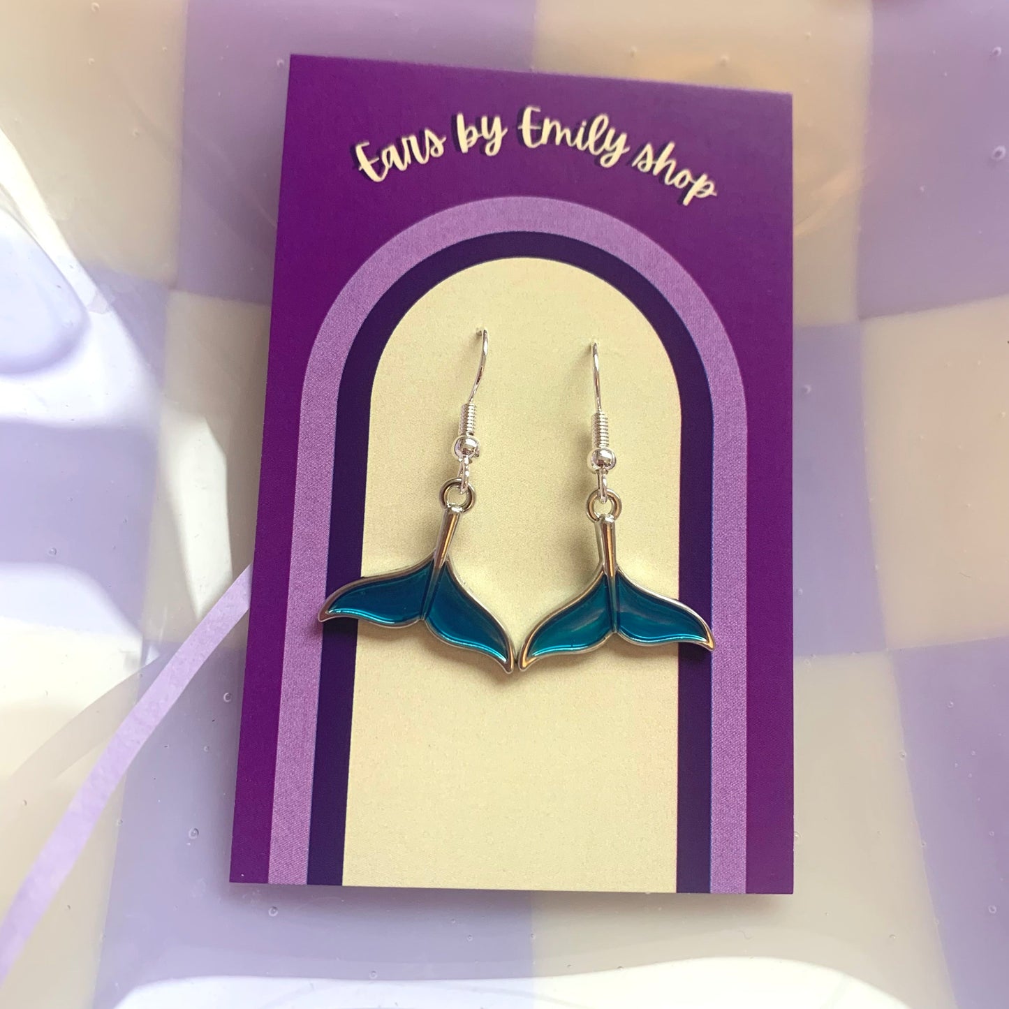 Blue dolphin/ whale tail reversible silver dangle earrings